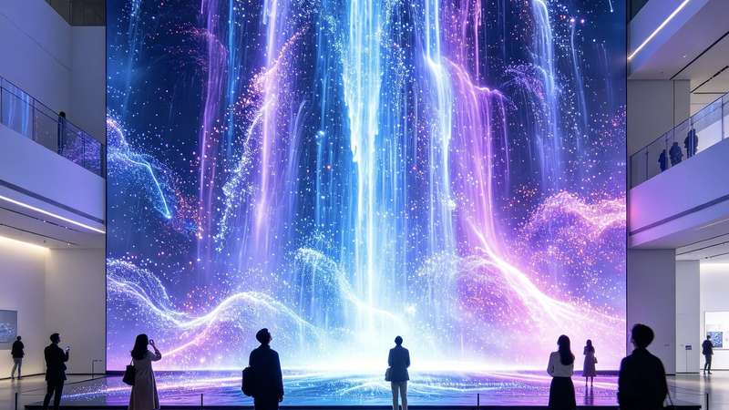 展览中的数字瀑布与动态墙面